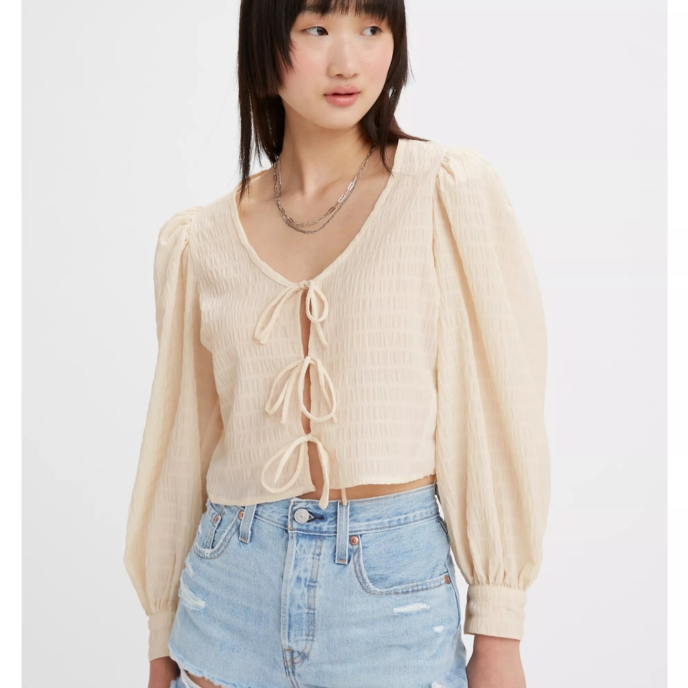 Levi's Pink Fawn Tie Blouse size S long sleeve tie top